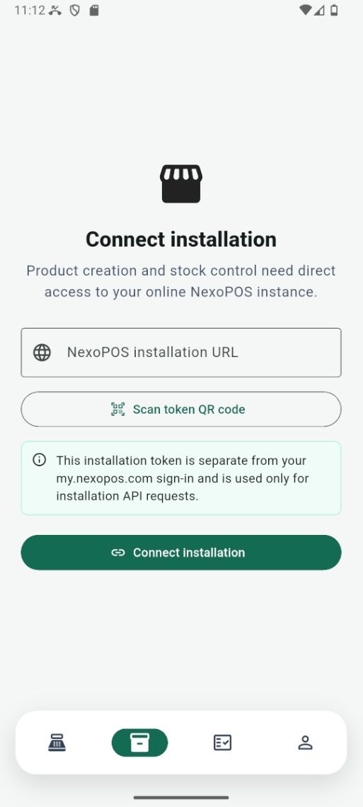 Enter the URL of the NexoPOS installation and prepare to scan its API token.