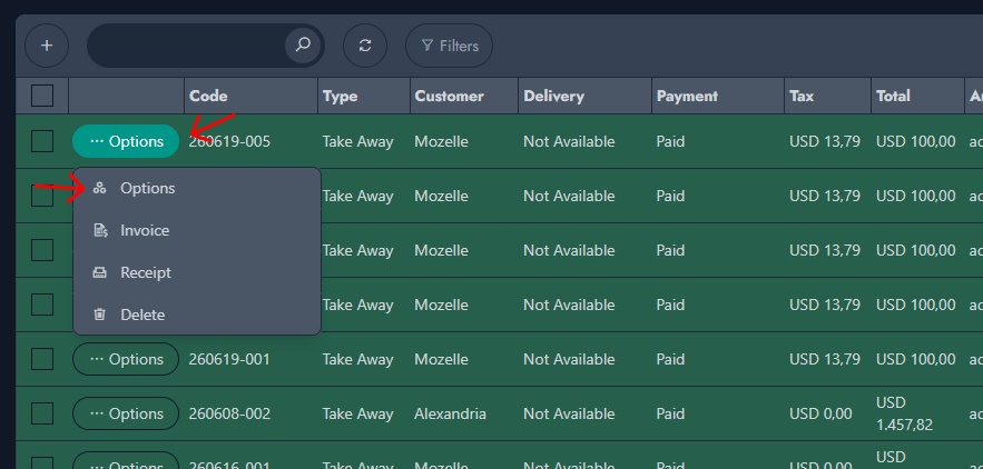Open the order options menu.