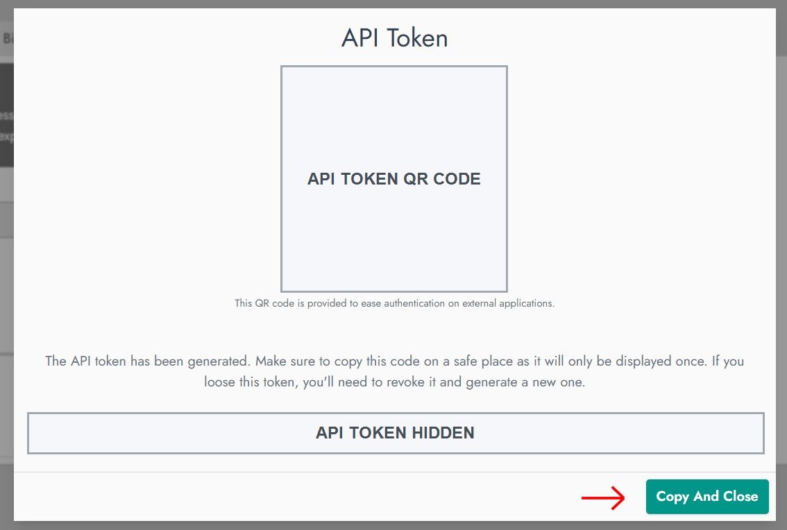 NexoPOS displays the generated token and its QR code.