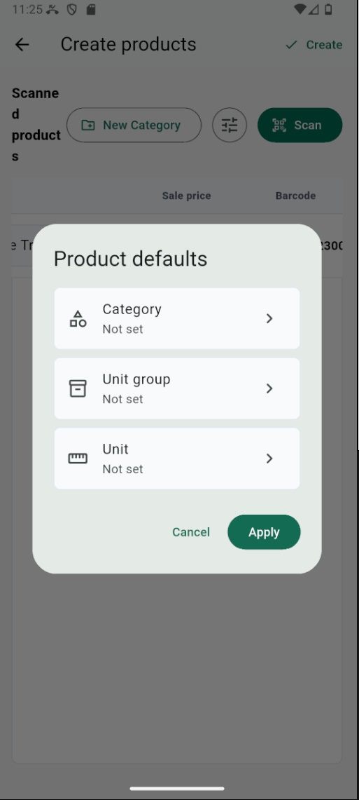 Set the category, unit group, and unit applied to scanned products.