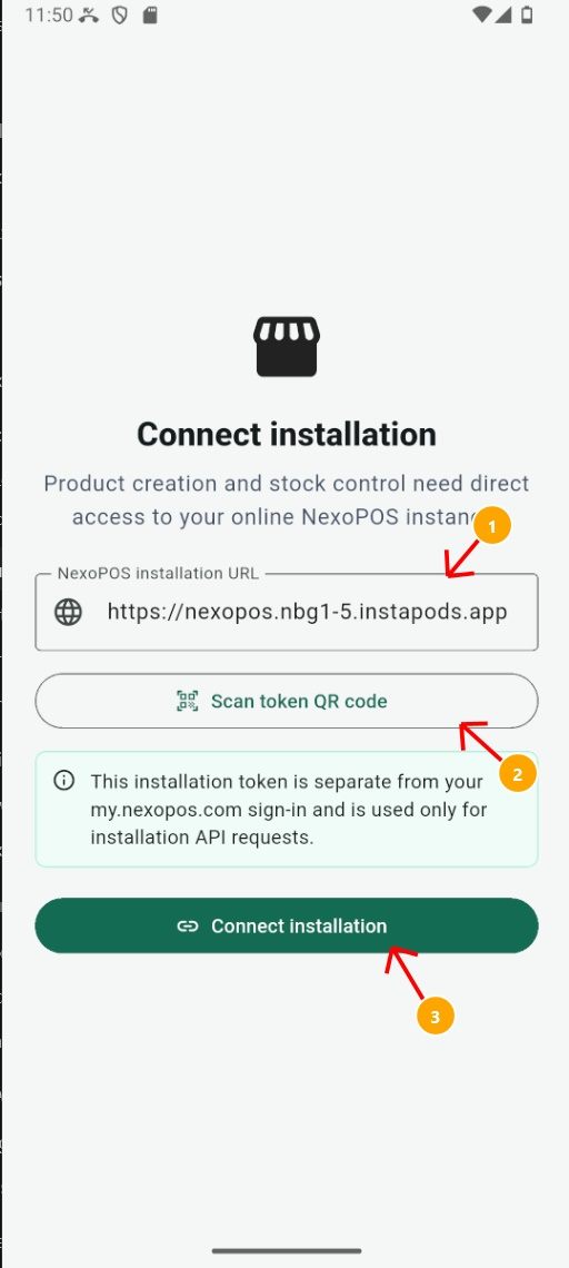 Enter the installation URL, scan its token QR code, and connect.