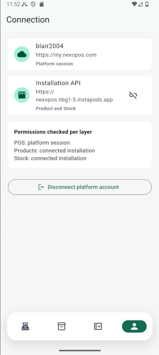 The connected NexoPOS installation appears on the profile.