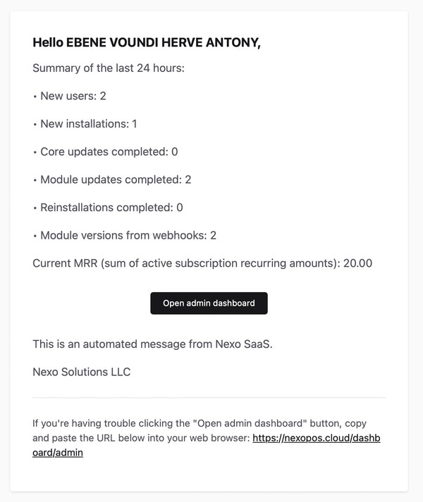The daily digest summarizes new users, installations, updates, reinstallations, webhook activity, and recurring revenue for the platform owner.