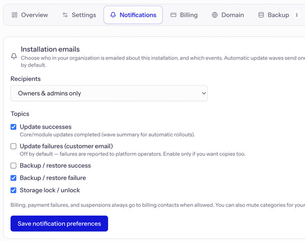 Organization administrators can choose notification recipients and control which installation events reach users.