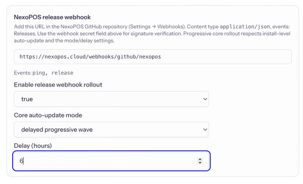 Webhook rollout settings connect NexoPOS releases to configurable automatic update waves across managed installations.
