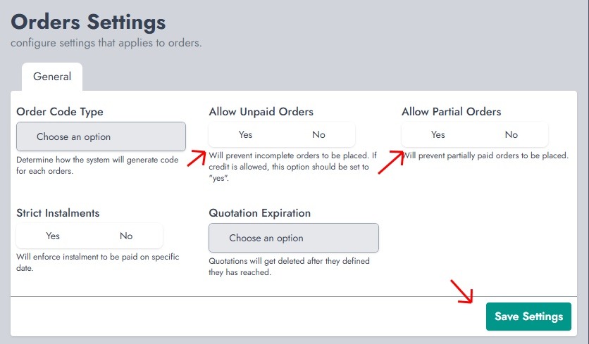 Orders settings