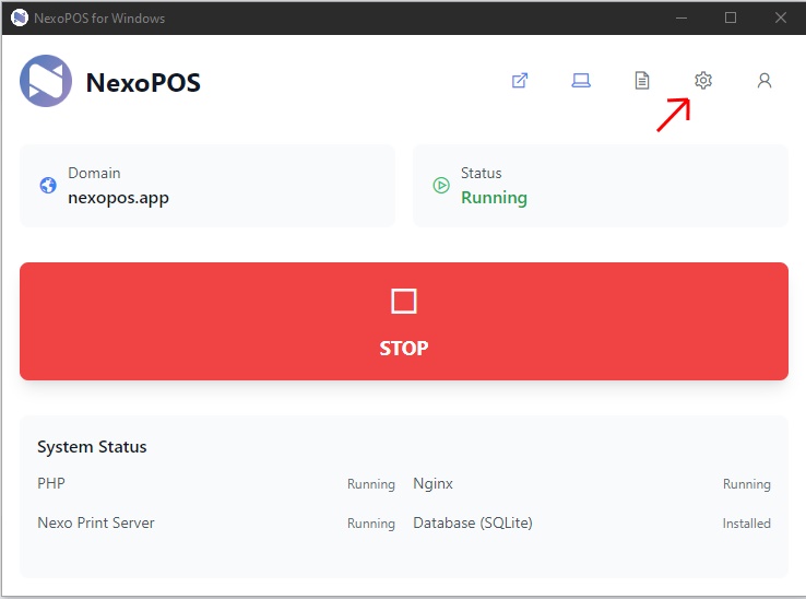 The NexoPOS for Windows server is running.