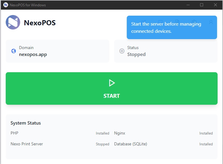 A stopped server cannot be used for device discovery or device management.