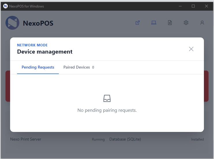 Device management lists pending requests and paired devices.