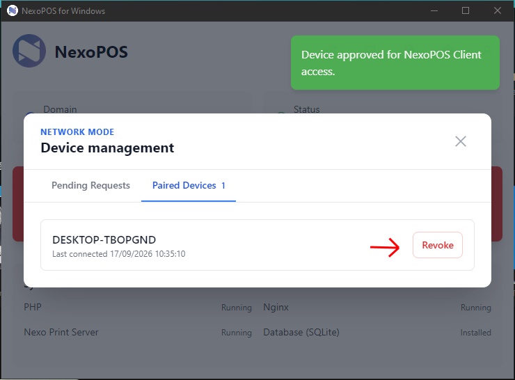 Select Revoke to remove a device’s NexoPOS Client access.