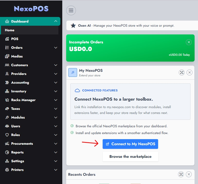 The My NexoPOS card on the NexoPOS dashboard