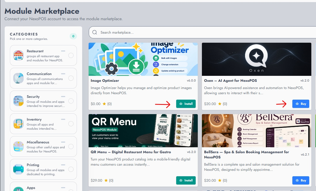 Install owned modules or buy modules from the connected marketplace