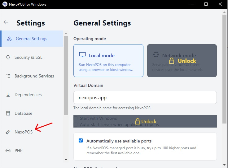 Select NexoPOS in the Settings sidebar.