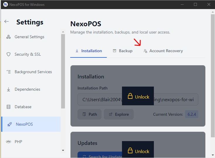 Open the Account Recovery tab.