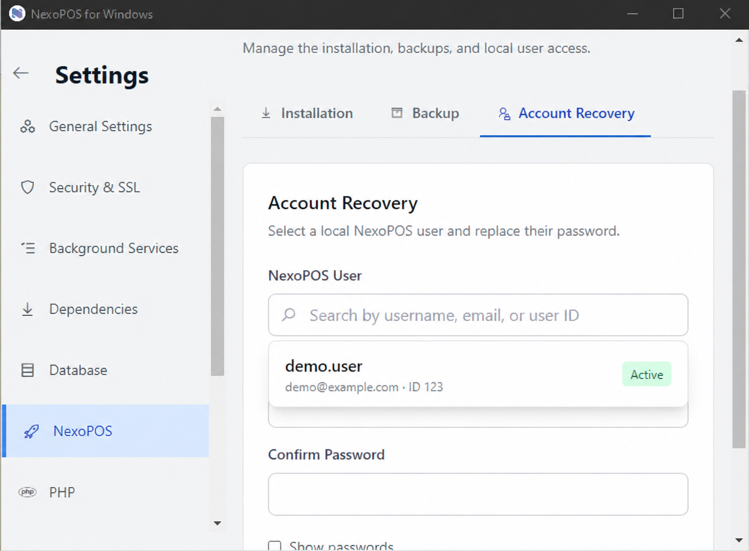 Search for and select the local NexoPOS user whose password needs to be changed.